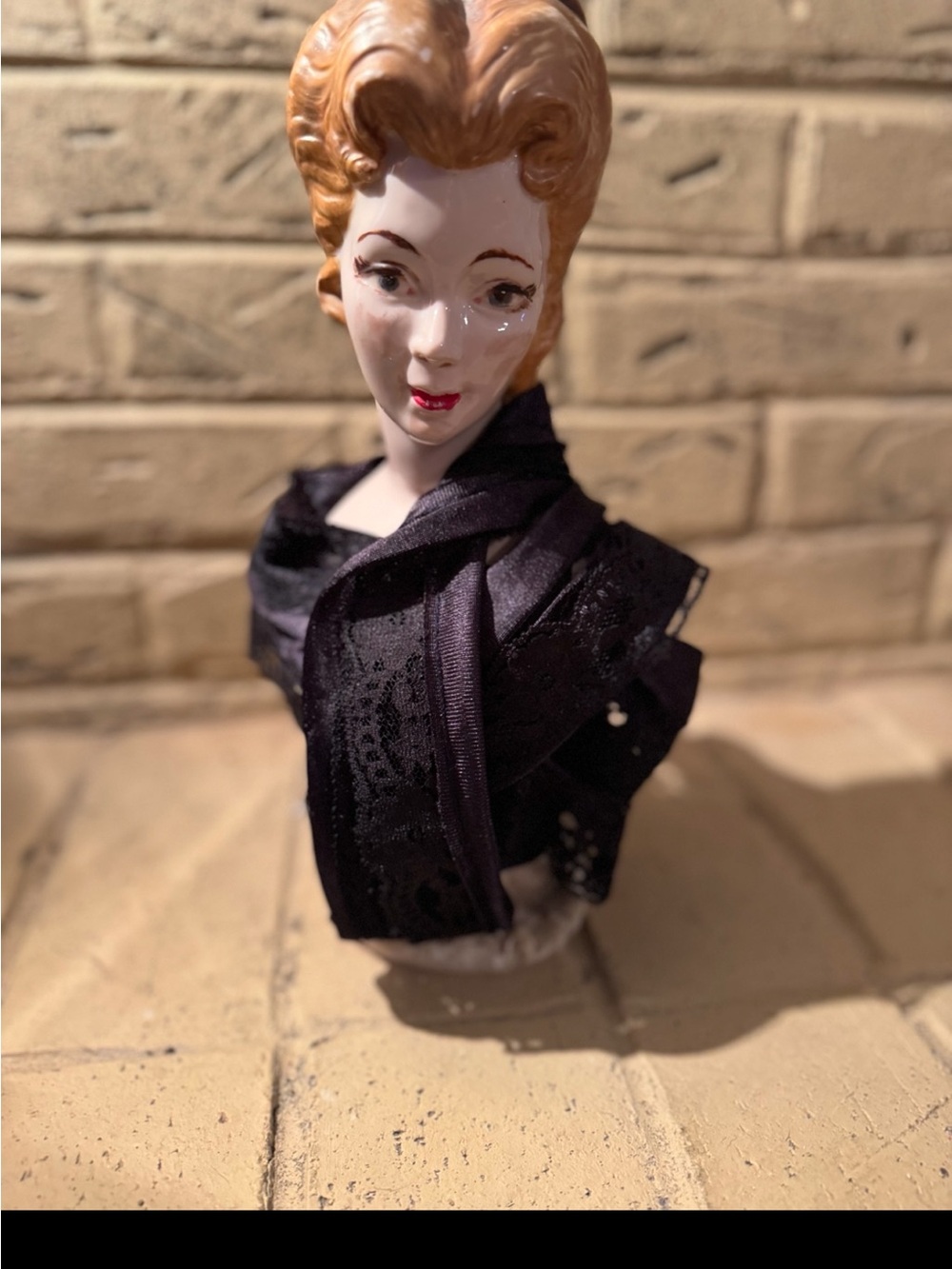 Vintage Porcelain Lady Head Vase with Black Lace Shawl